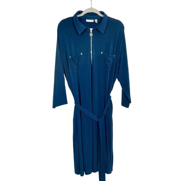 Susan Graver Liquid Knit Navy Zip-Front Shirt Dress with Tie Waist | Plus 3X - Picture 2 of 12